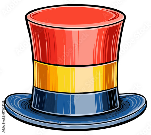 Colorful striped top hat illustration showcasing red, yellow, and blue bands with a curved brim and expressive cartoon styling