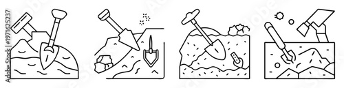 Black and white line drawing of mining and excavation process icons