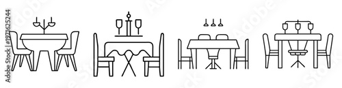 Various dining table and chair arrangements in black and white outlines