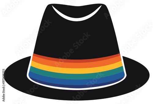 Stylish black fedora with rainbow stripe, playful headwear for Pride or costume accessory