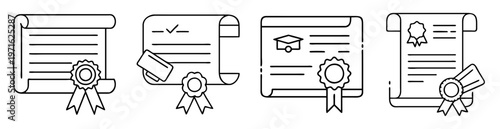 Linear drawings depicting certificates and diplomas, symbolizing achievement and recognition of qualifications
