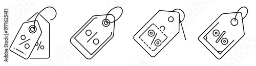 Linear artwork showing different discount tags with a percentage symbol inside