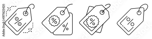 Line art drawing featuring multiple discount tag icons with percentage symbols