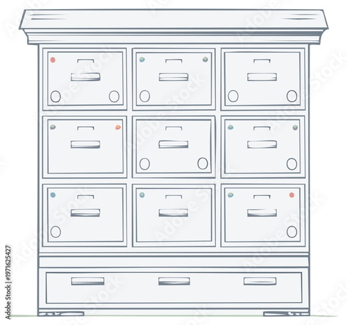 Illustration of a traditional filing cabinet with nine drawers