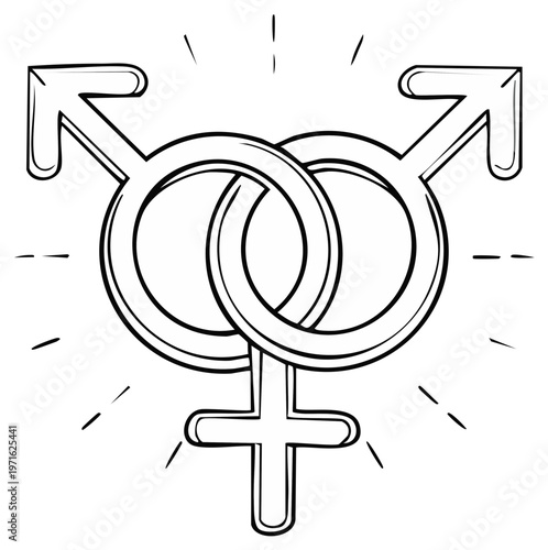 Interlocking transgender and genderfluid symbols with radiating light, black and white line art
