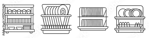Black and white outlines of dish racks holding various plates and bowls