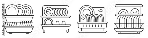 Collection of dish racks with dishes and utensils, minimal black outline icons