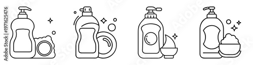 Collection of dish soap bottle line icons, with cleaning and soap concepts