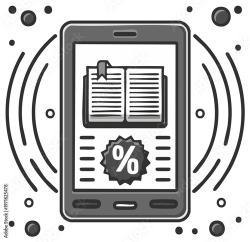 Digital e-reader tablet showing open book and percentage discount for online learning, education, and digital sales.
