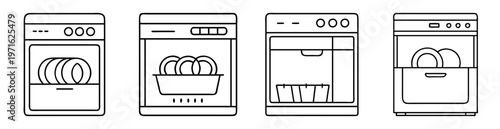 Minimalist Line Art Illustration of Dishwashers with Various Control Panels and Dishes