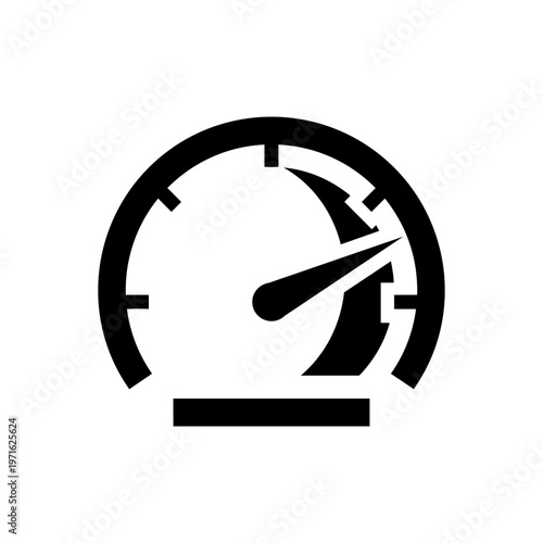A striking black and white vector graphic illustration showcasing a high-performance speedometer gauge icon, featuring a dynamic needle pointing towards maximum levels on a clear, semicircular scale, 