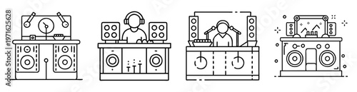Doodle style set of broadcasting scenes with speakers, microphones and operators