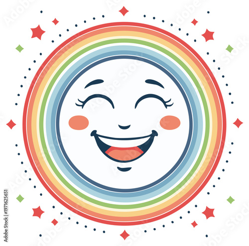Joyful rainbow sun character with happy face and stars