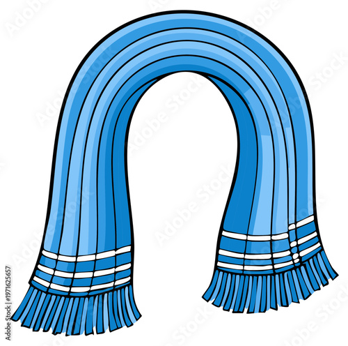 Cartoon illustration of a striped blue scarf for winter weather protection and warmth, cozy knitted neckwear