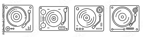 Black and white line art drawing showcasing an assortment of vinyl record players
