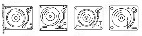 Black and white outline illustration of a collection of four turntables