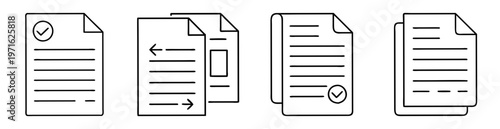 Simple outlined icons of documents, file transfer, and successfully completed application