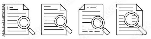 Set of vector icons showing documents under a magnifying glass for analysis