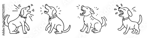 Four dogs line art showing different stages of barking and howling