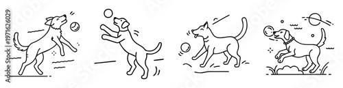 Vector art illustration of four dogs playing fetch with balls outdoors