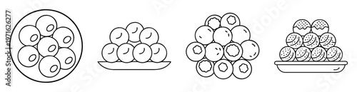 Outlined Illustration of Assorted Laddu on Plates Showing Different Design Styles