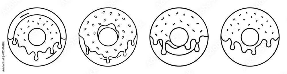 Obraz premium Line art illustration of four donuts with varied toppings and icing