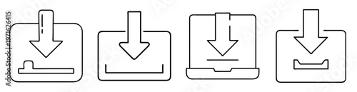 Set of four stylized download icons with arrow and repository outlines