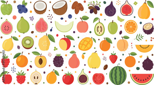 Exotic Fruit Vector Collection Featuring Coconut, Fig, Banana, Mango, Citrus, Berries and Tropical Varieties for Fresh Food Illustration and Healthy Lifestyle Design.