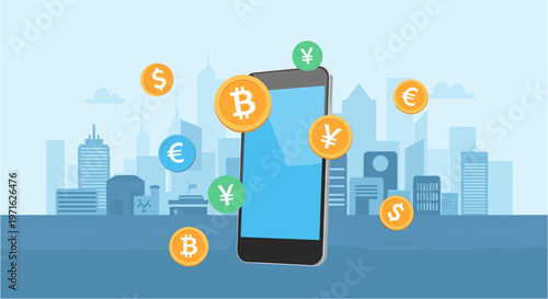 A modern smartphone displaying a bright blue screen, surrounded by various floating cryptocurrency and fiat currency symbols against a city skyline backdrop, representing global digital finance and