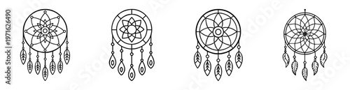 Four unique and delicate dreamcatcher drawings in a minimalist line art style