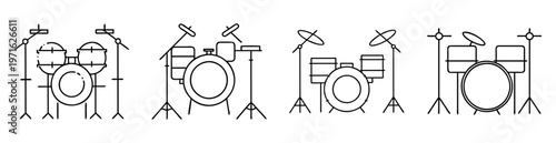 Black and white minimalist line drawing of four drum kits in different styles
