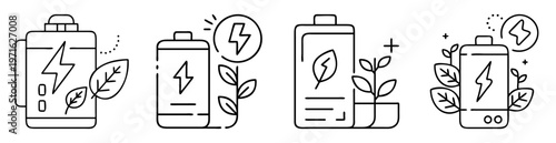 Set of four unique line art icons representing green energy sources
