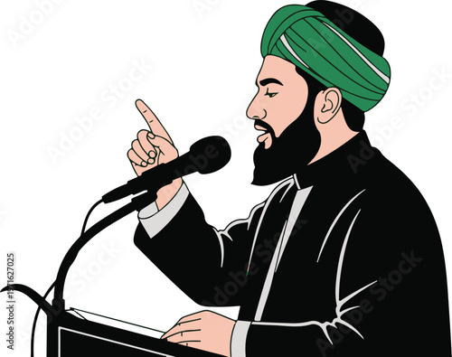 Muslim scholar giving a sermon at a podium, Islamic preacher with green turban speaking into a microphone, religious orator vector illustration