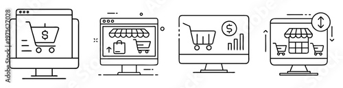 Depiction of various digital storefronts, focusing on online shopping and commerce