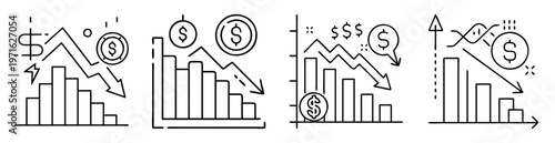 Line art depicting financial loss with graphs, arrows, and dollar symbols