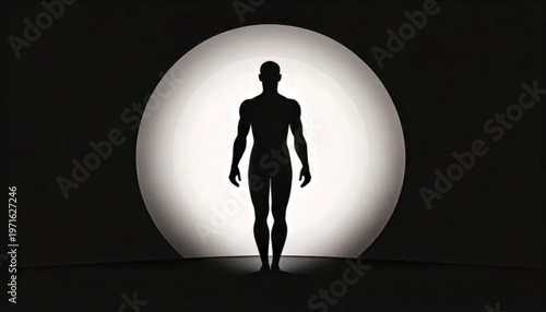 Silhouette of a humanoid robot standing against a bright circular light source.