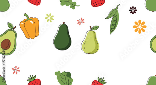 Seamless pattern of various healthy fruits and vegetables including avocado, pepper, strawberry, and pear with small colorful flowers.