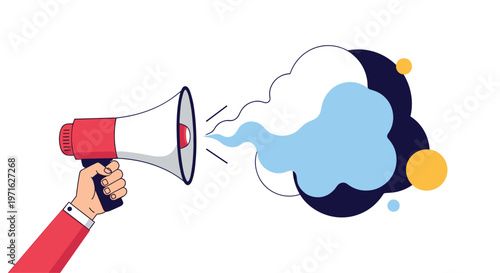 Hand holding a red and white megaphone with colorful abstract sound waves or clouds coming out of it to represent an announcement.