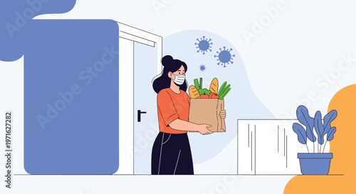 Illustration of a woman wearing a protective face mask holding a bag of fresh groceries to represent safe food delivery during pandemic.