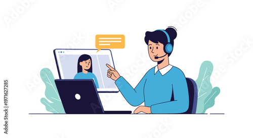 Professional female customer support representative with a headset working on a laptop while having a video call with a client.