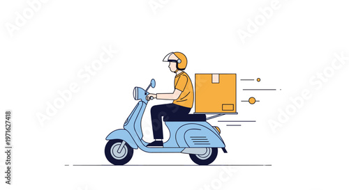 Delivery person wearing a helmet and riding a blue scooter with a large cardboard box on the back for fast shipping and transport.