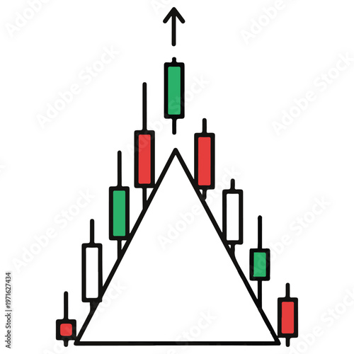 Financial candlestick chart pattern with a triangle formation and upward arrow representing a bullish breakout and market trend reversal for stock market and crypto trading analysis.