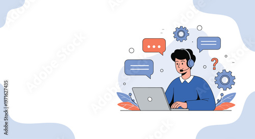 Customer service concept illustration with a man on a laptop wearing a headset surrounded by icons like gears and chat bubbles.