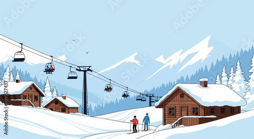Picturesque winter mountain landscape with wooden cabins, a ski lift, and people skiing down the snowy slopes under a clear sky.