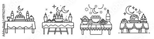 Festive black and white illustrations of tables decorated for Ramadan feasts