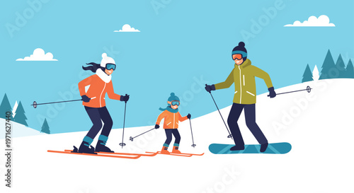 Happy family of three skiing and snowboarding down a snowy hill on a winter vacation under a clear blue sky with white clouds.
