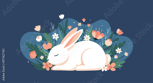 Sweet illustration of a white rabbit sleeping peacefully in a field of colorful blooming flowers on a dark blue night background.