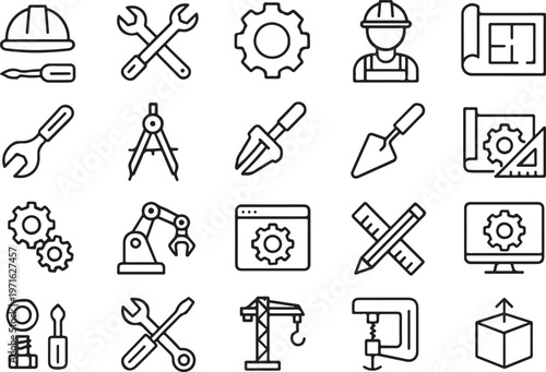 Isolated Engineering Tools System Icon Design, engineering tools gear, construction design, blueprint machinery, technical development, system engineering, tools icon vector
