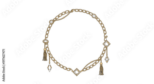 Elegant golden chain necklace illustration with various charms such as tassels, diamonds, and leopard print pattern highlights.