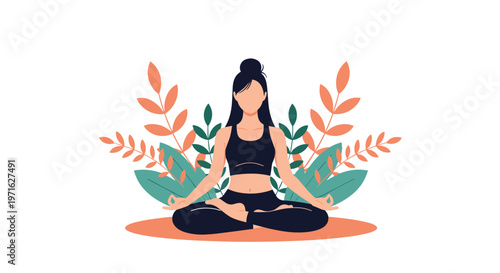 Young woman sitting in lotus pose practicing meditation and mindfulness with decorative green and orange leaves background.